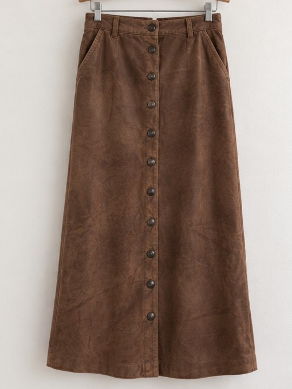 Vintage Charter Club Genuine Leather Midi Skirt Brown Button Front
